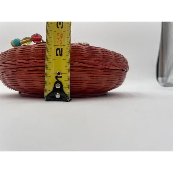 Vintage Red Wicker Sewing Basket Pink Handle & Beaded Accents Boho-Chic Home Dec